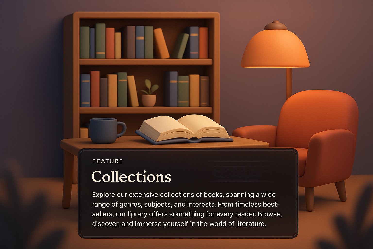 3D Library Design with Cozy Reading Corner