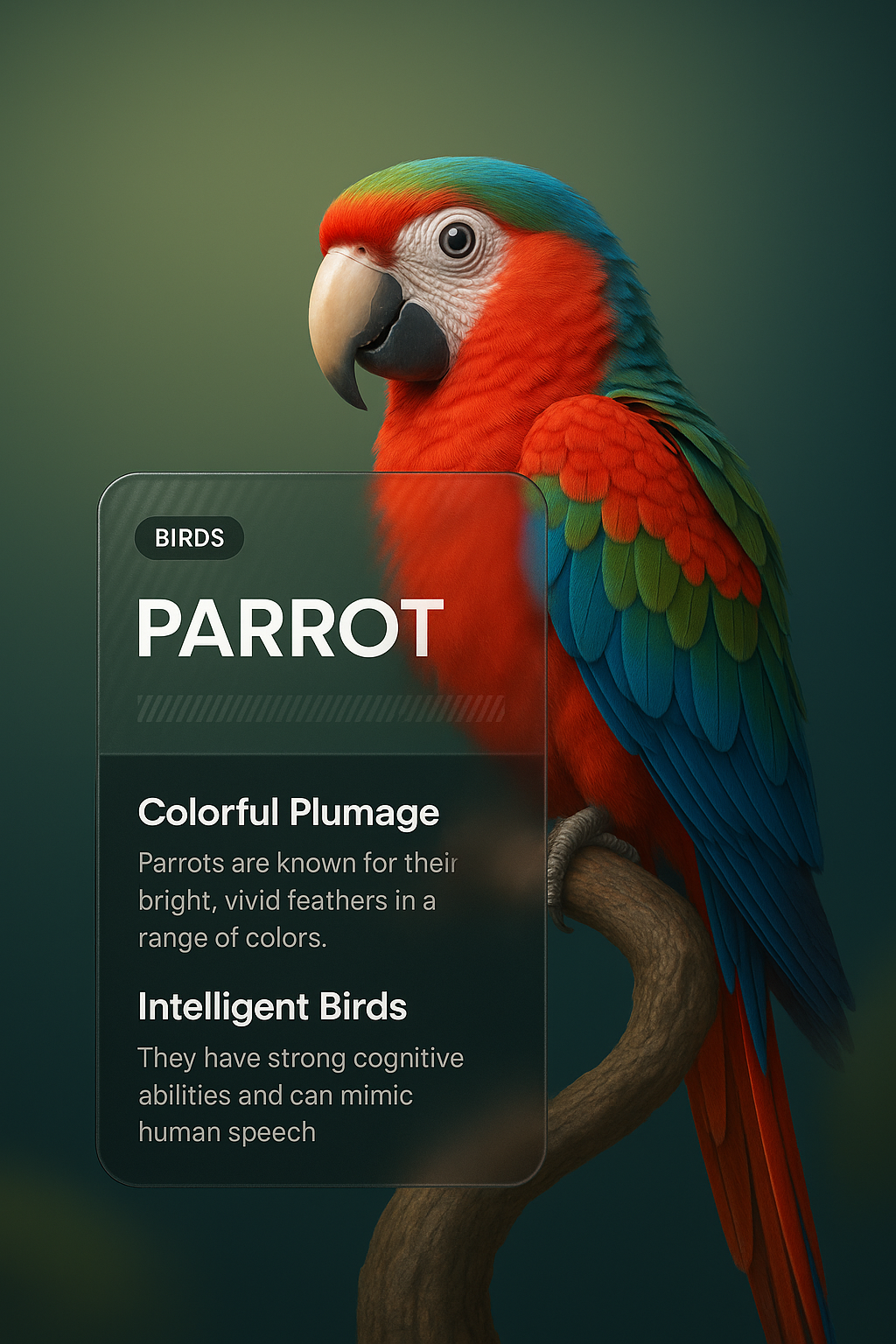 Vibrant 3D Parrot Illustration with Informative Overlay