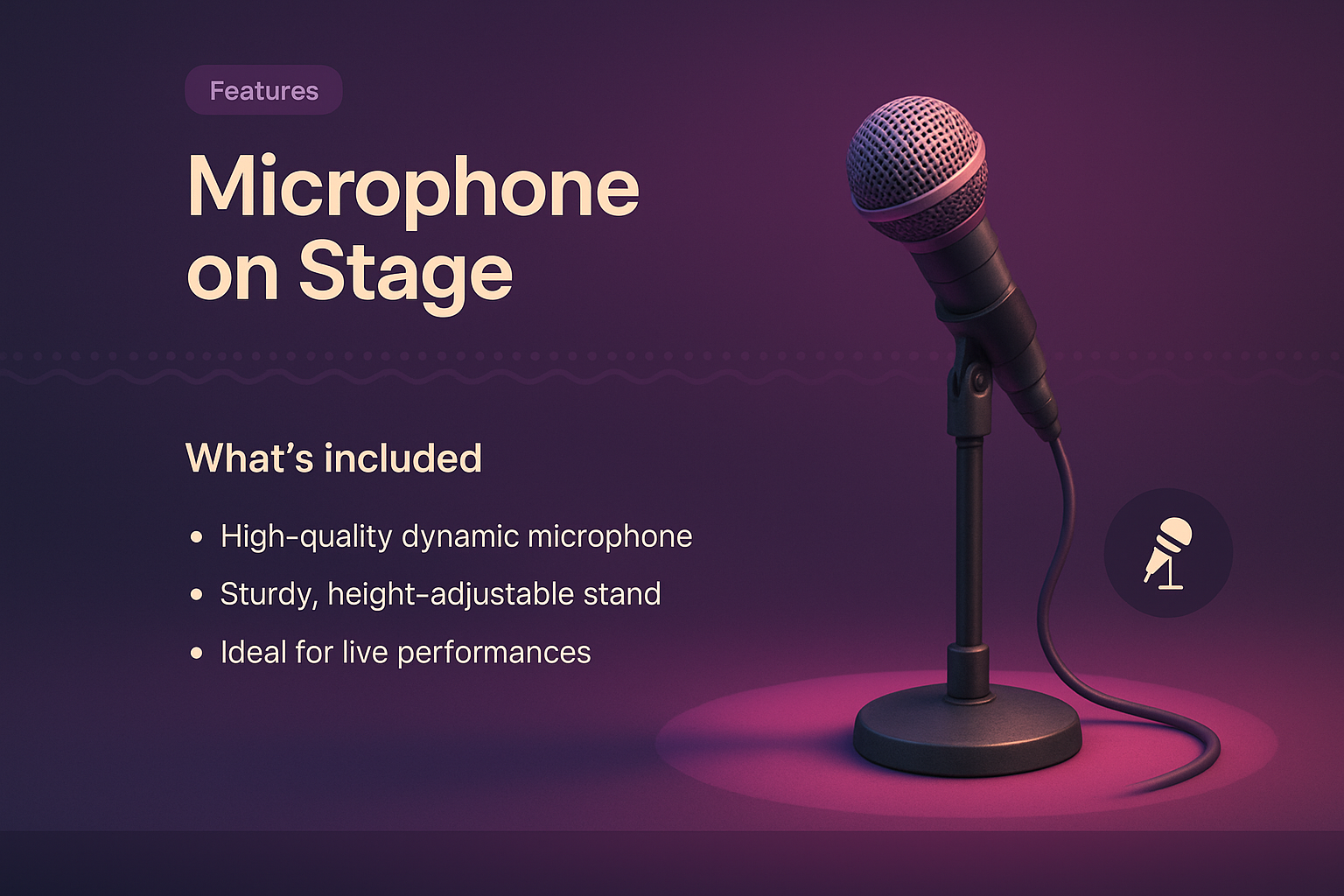 3D Illustration of Microphone on Stage with Features Listed