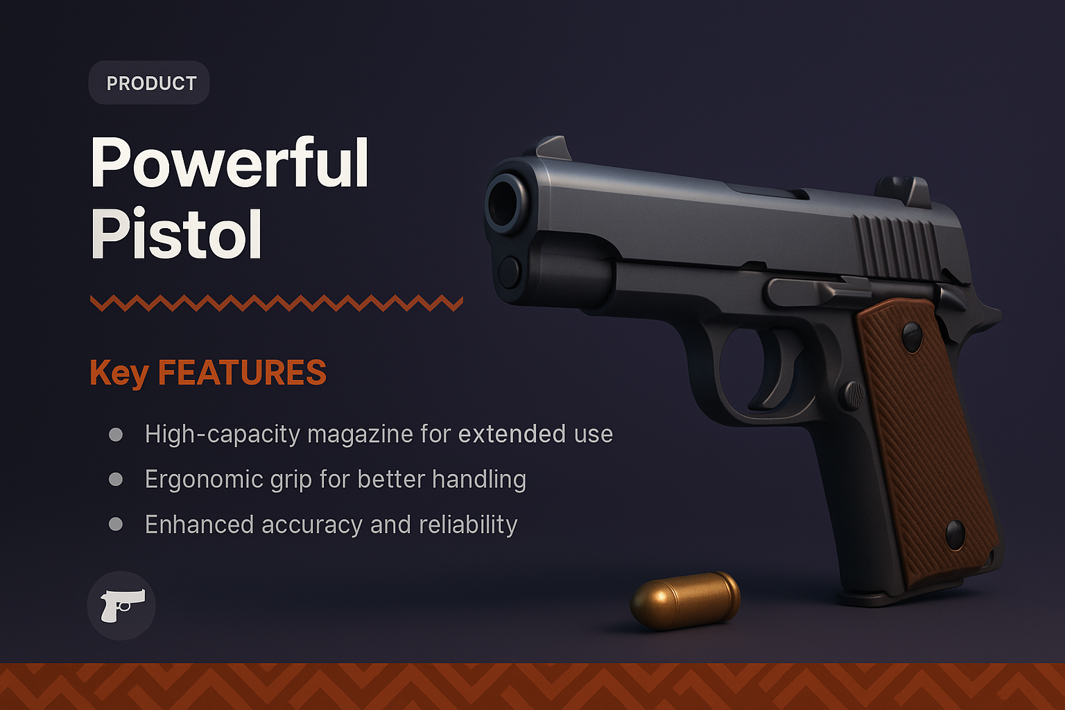 3D Illustration of a Powerful Pistol with Key Features