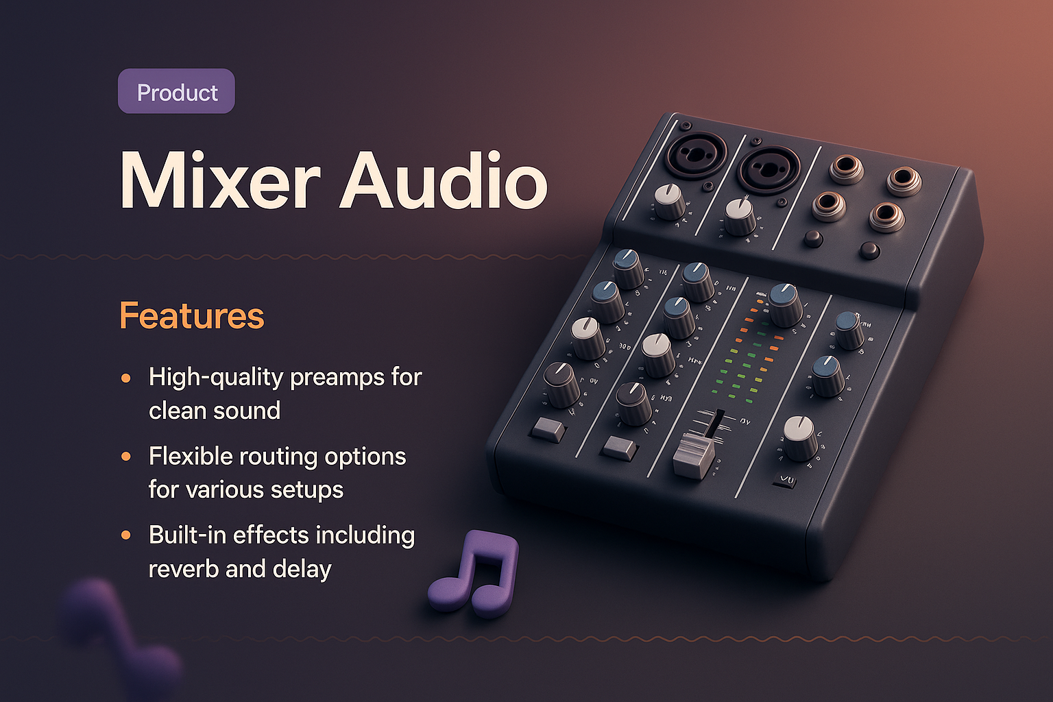 3D Audio Mixer Illustration with Feature Highlights