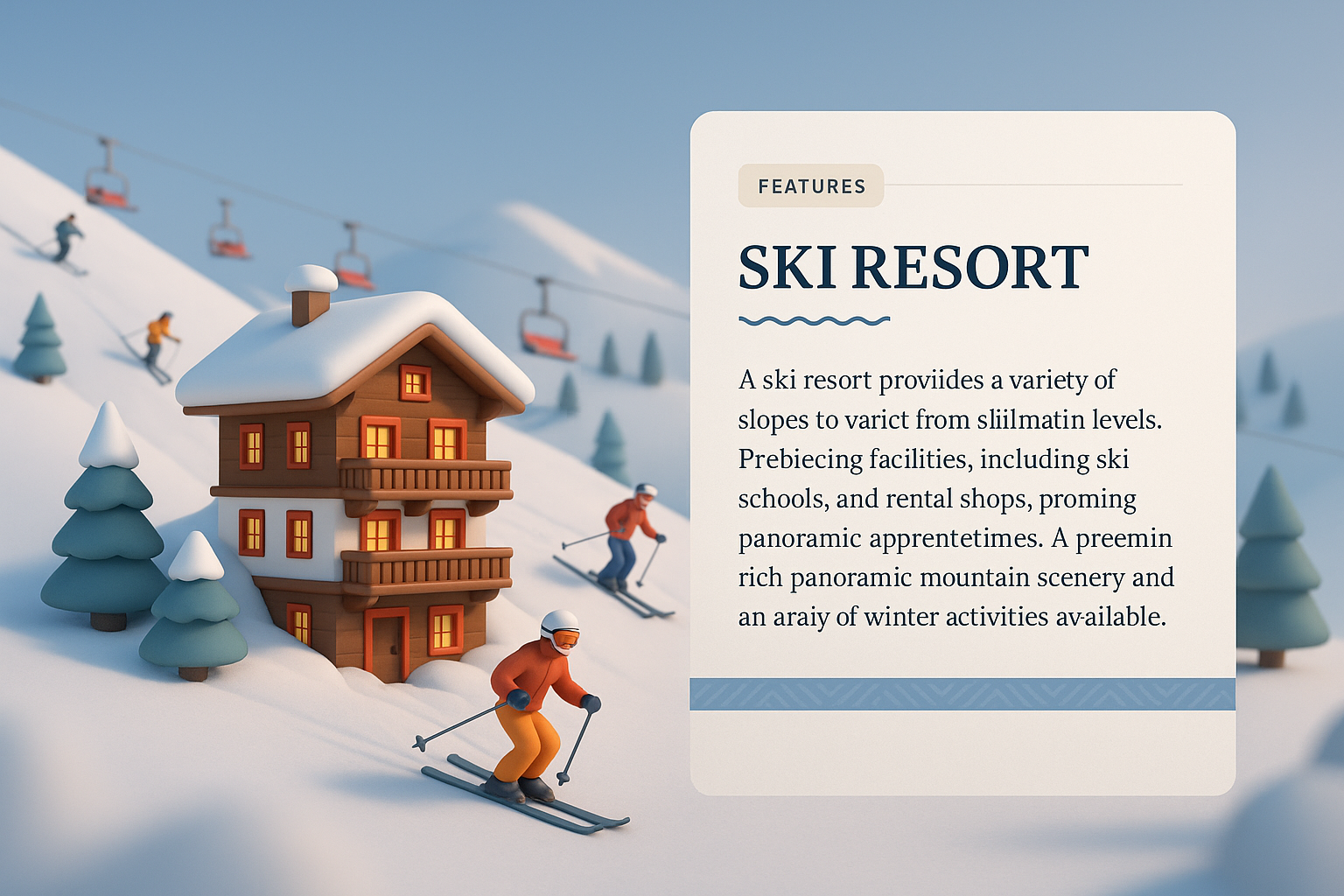 3D Illustration of a Ski Resort with Features Overview