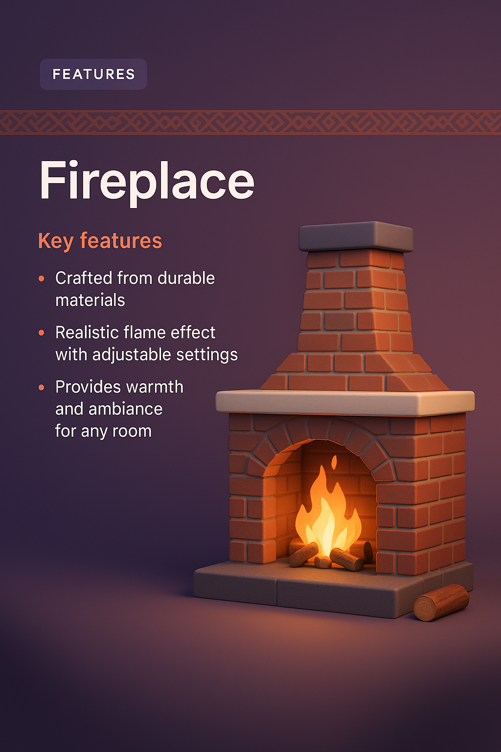 Stylish 3D Fireplace Landing Page Design with Key Features