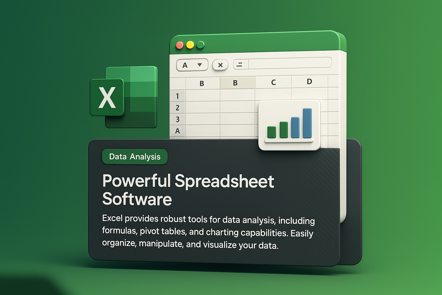 3D Illustration of Excel Web Page with Feature Descriptions