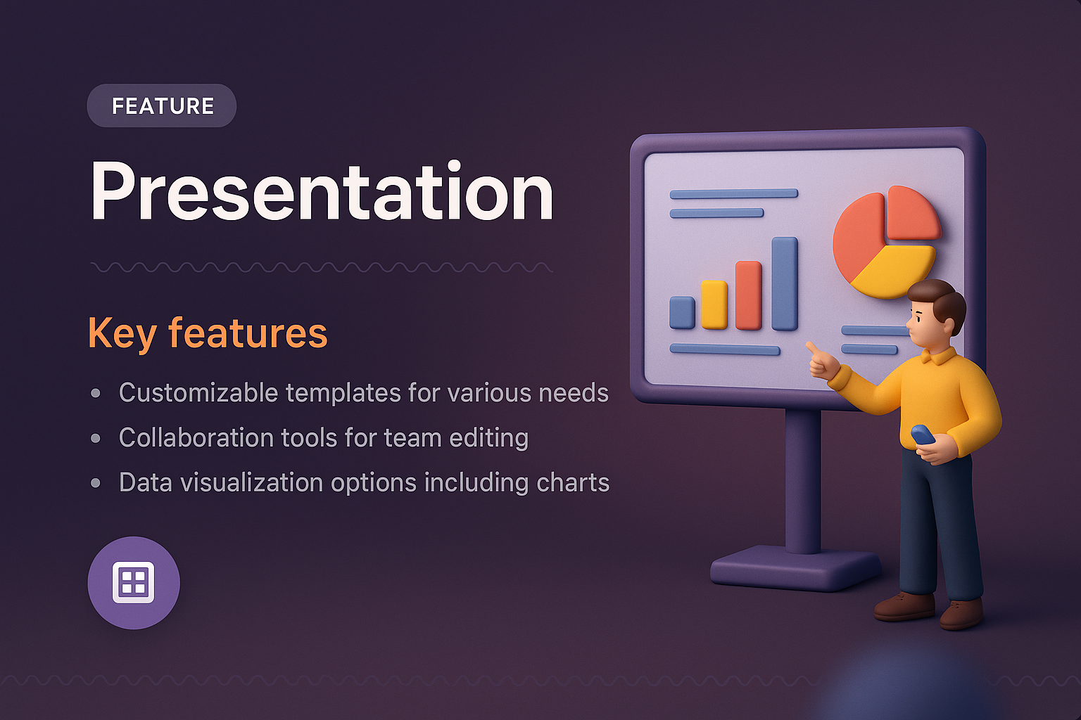 3D Presentation Visual with Key Features and Graphs