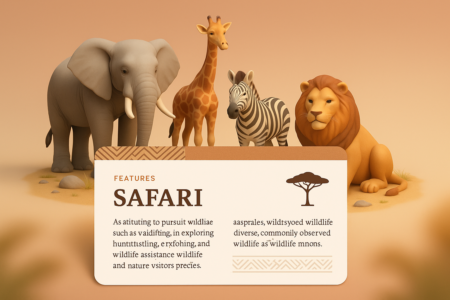 3D Safari Illustration Featuring Wild Animals and Informative Block
