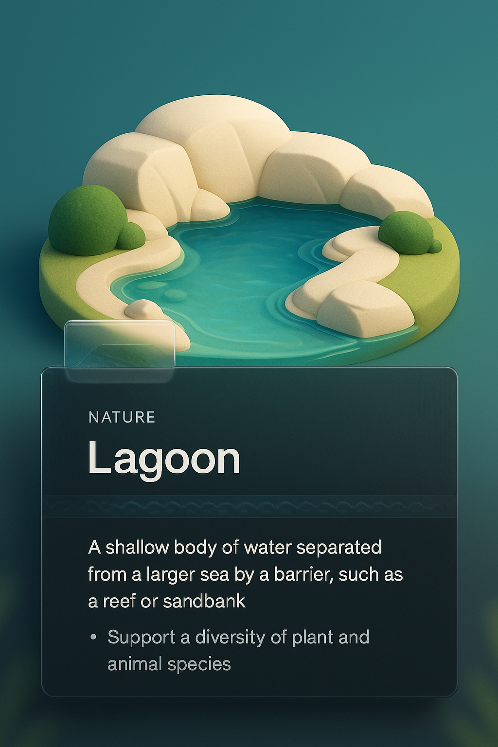 3D Illustration of a Serene Lagoon with Integrated Design Elements
