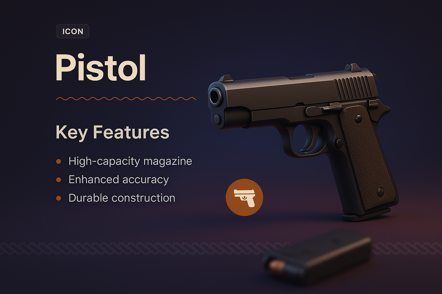 3D Illustration of a Pistol with Key Features Highlighted