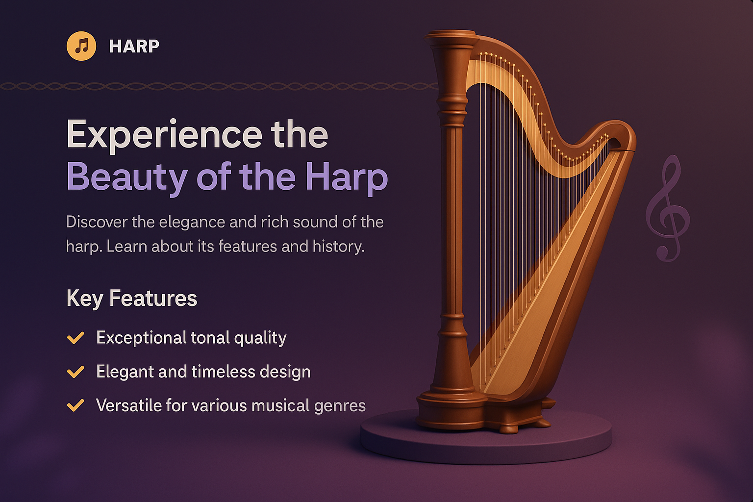 Elegant 3D Harp Illustration with Features Description