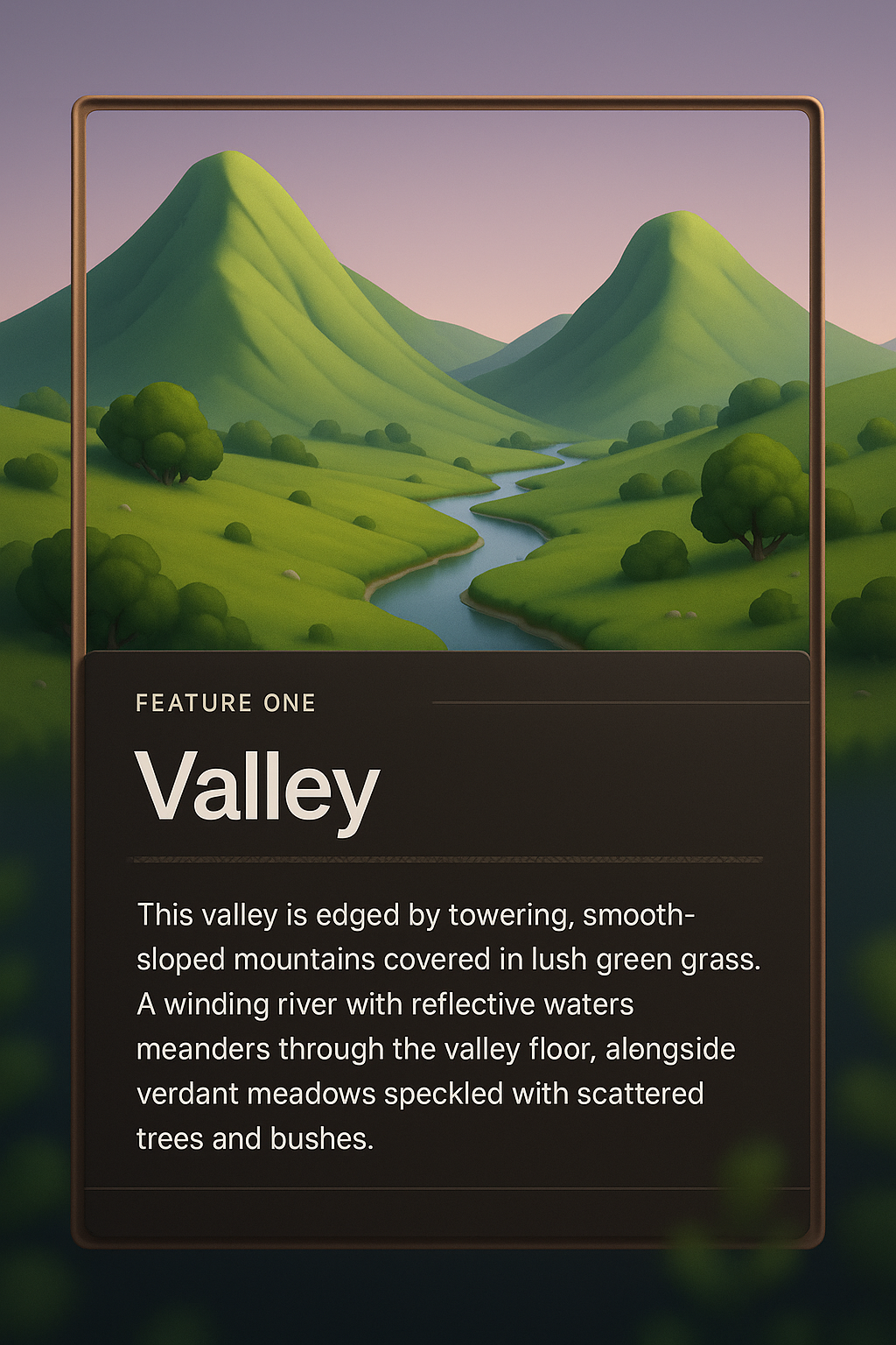 3D Illustration of a Serene Valley Landscape with Feature Block