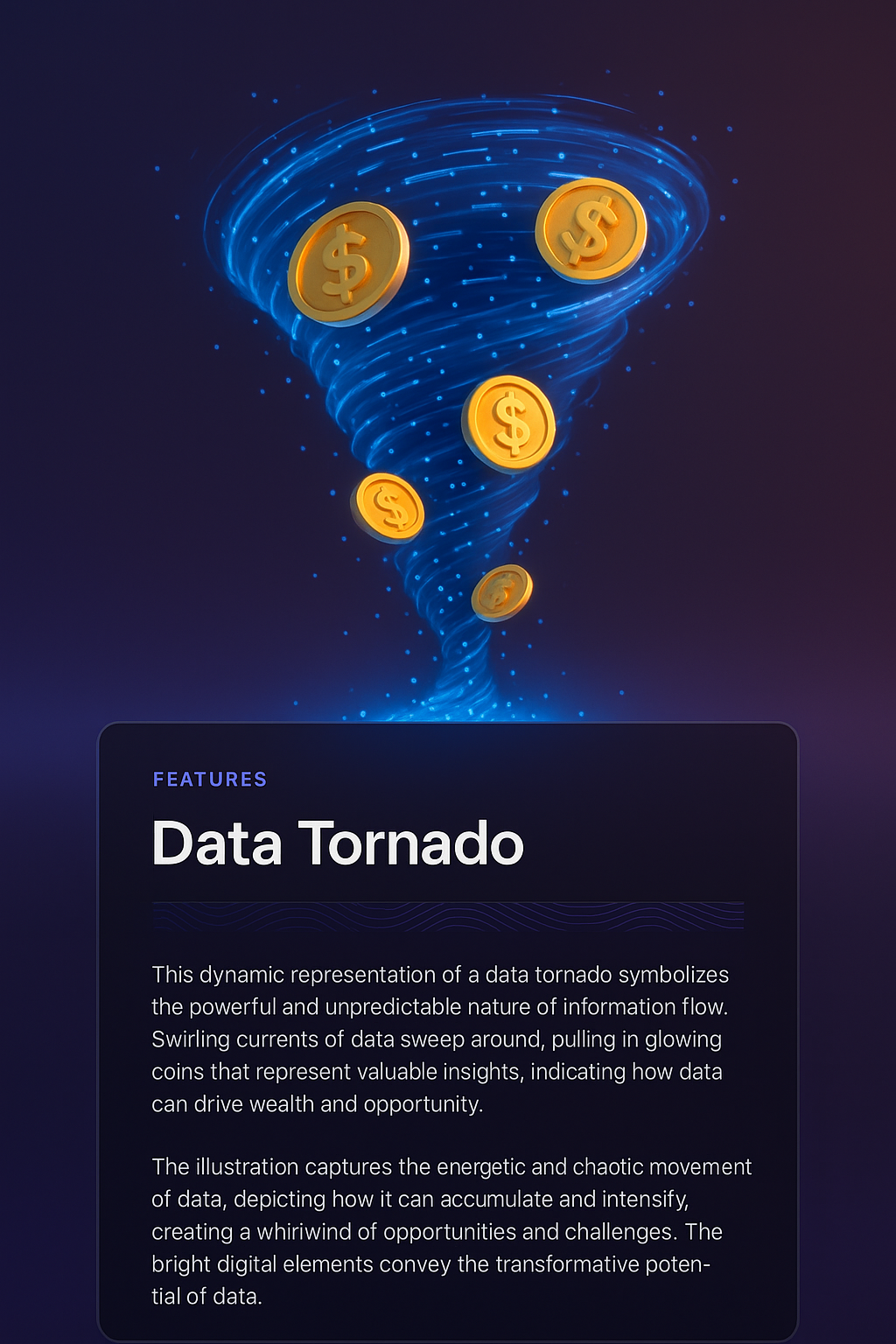 Dynamic Data Tornado Illustration with Glowing Coins