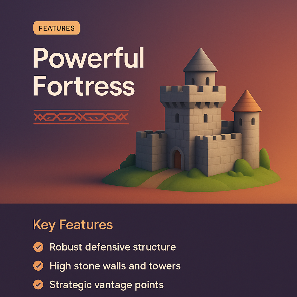 Powerful Fortress 3D Illustration with Key Features