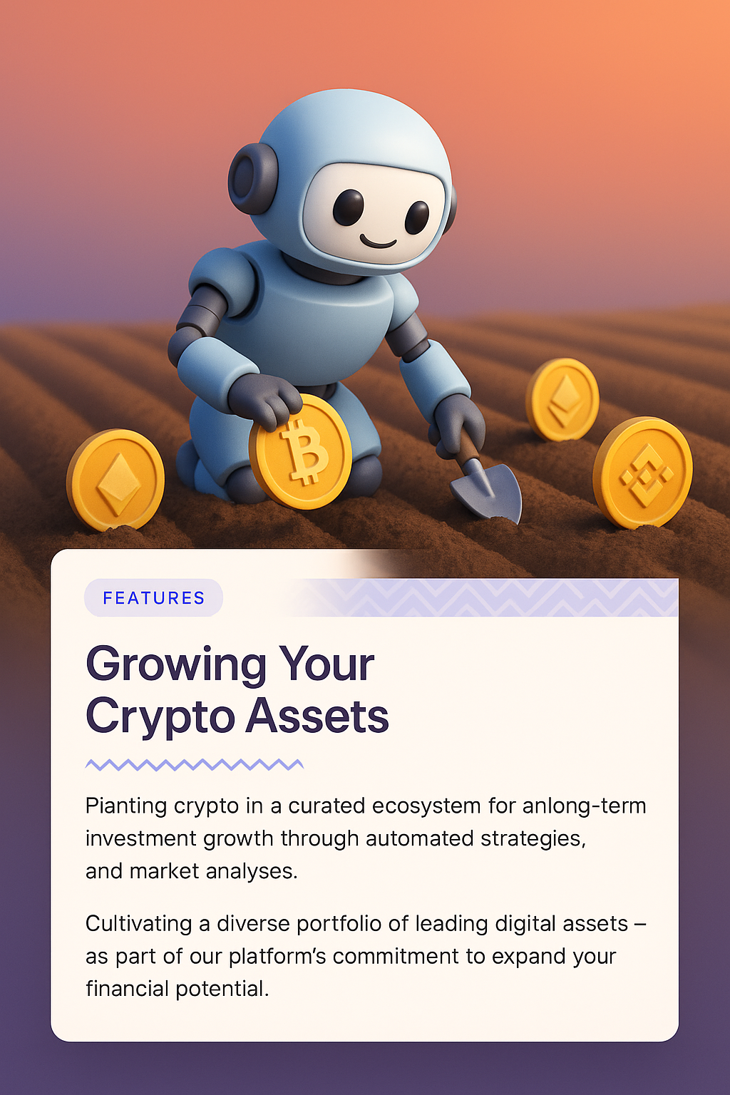 Robot Planting Crypto Coins in a Futuristic Field