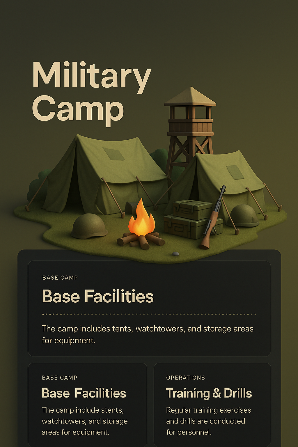 3D Military Camp Design with Facilities Overview