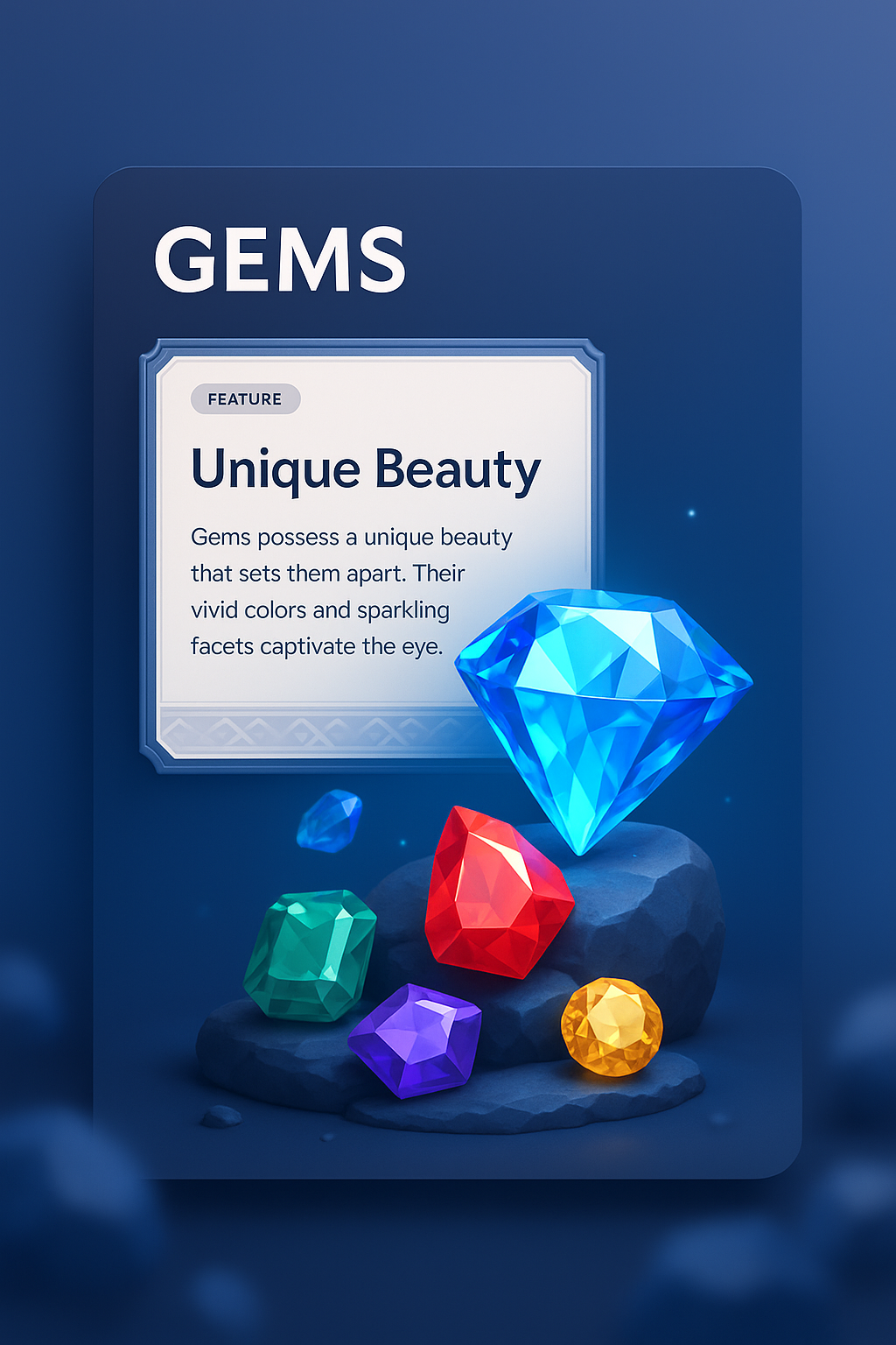 Stunning 3D Illustration of Colorful Gems with Feature Description