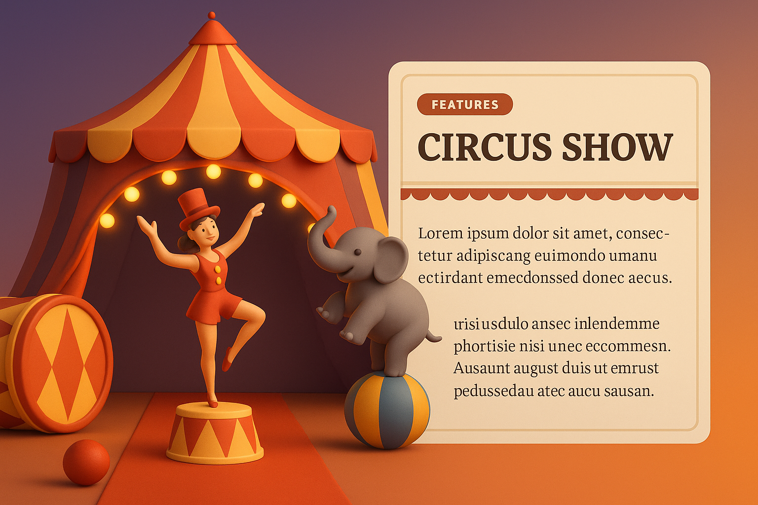 3D Circus Show Illustration with Features Block