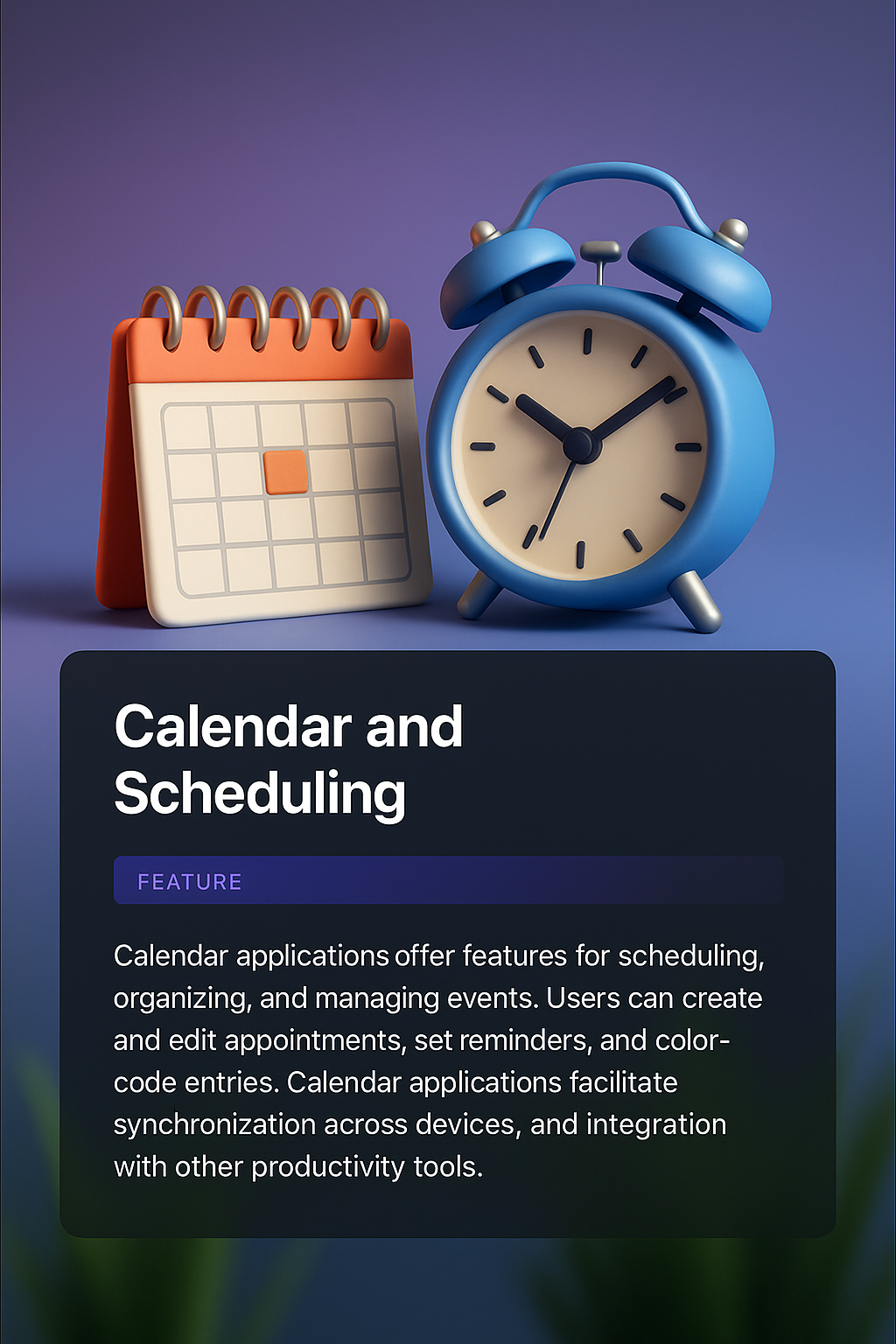 3D Web Design Featuring Calendar and Clock Elements