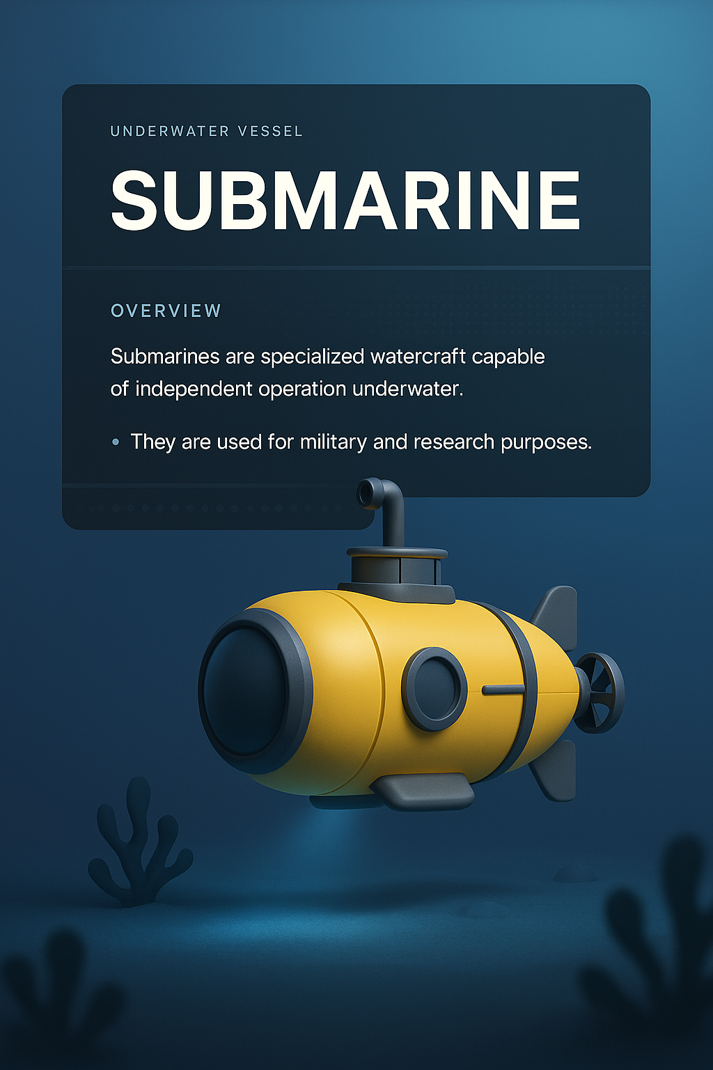 3D Submarine Illustration with Overview Description