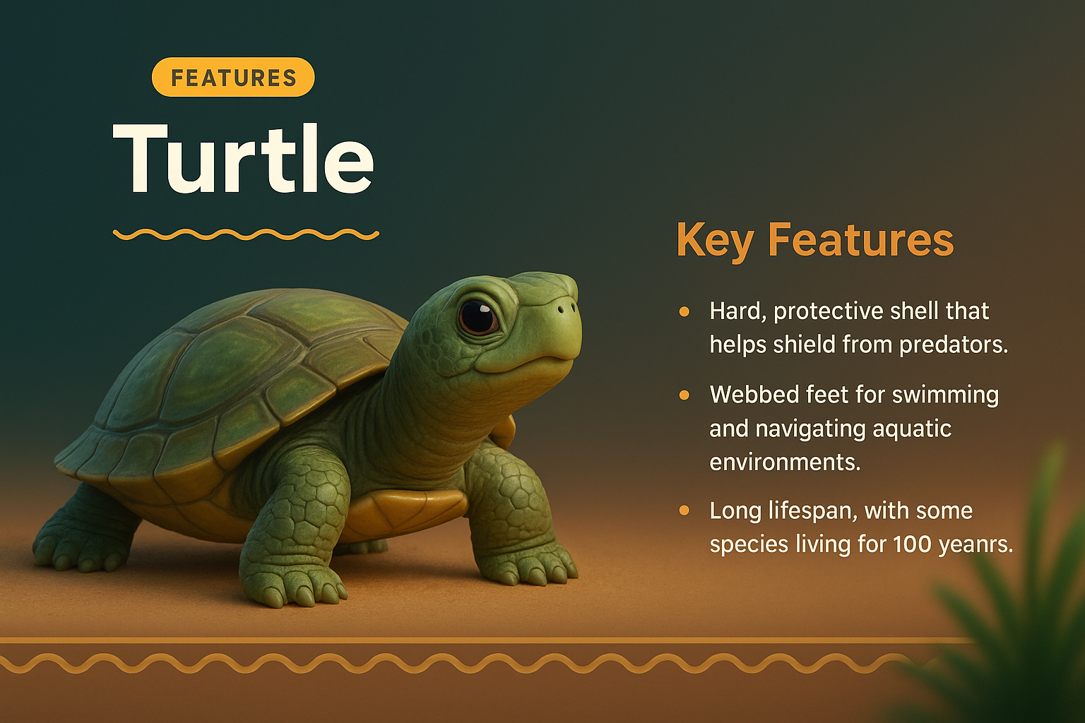 3D Turtle Illustration with Key Features Highlights