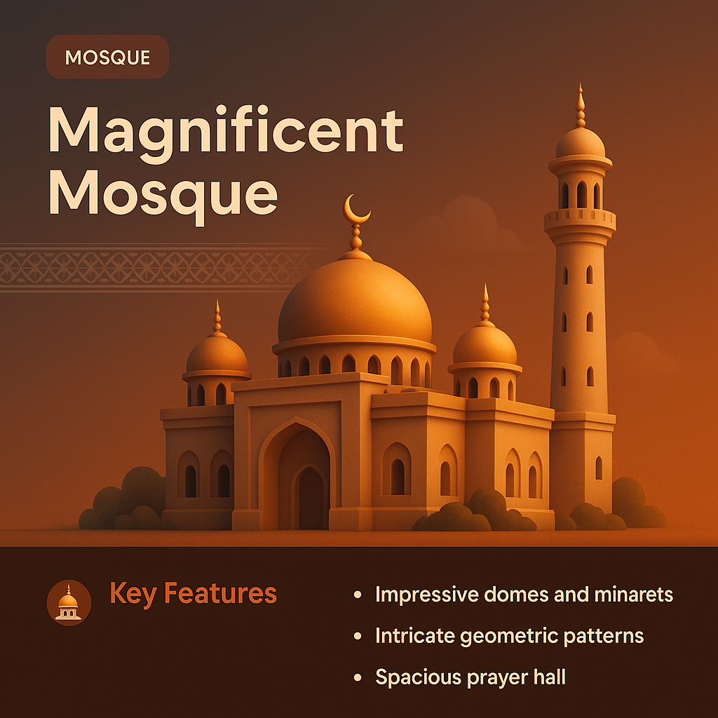 Stunning 3D Illustration of a Magnificent Mosque with Key Features