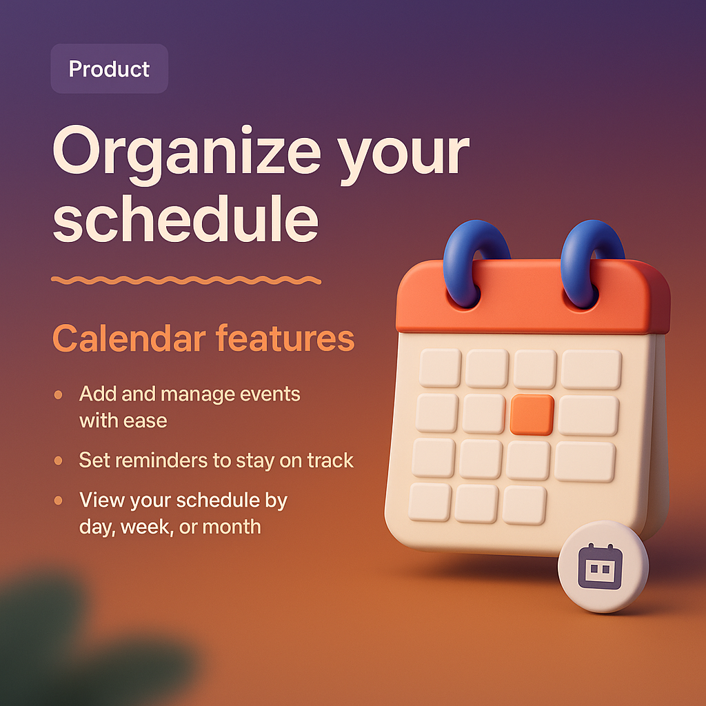 3D Calendar Illustration with Features Overview for Scheduling