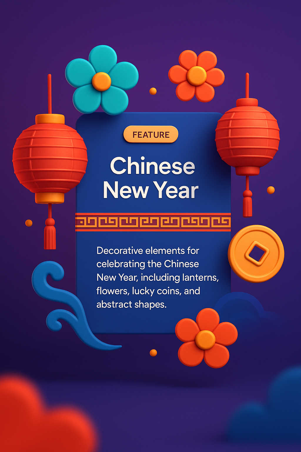 Vibrant Chinese New Year Elements with Lanterns and Flowers