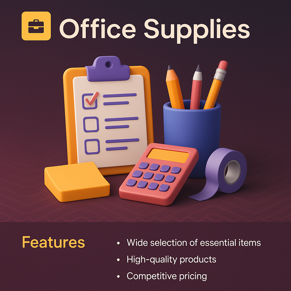 Vibrant 3D Office Supplies Illustration with Features