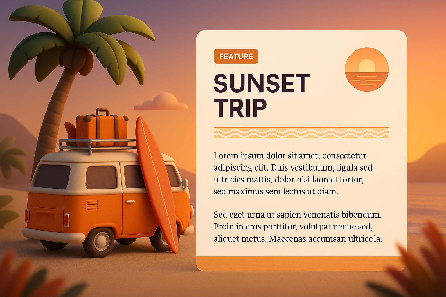 Stunning Sunset Trip with 3D Illustration and Features