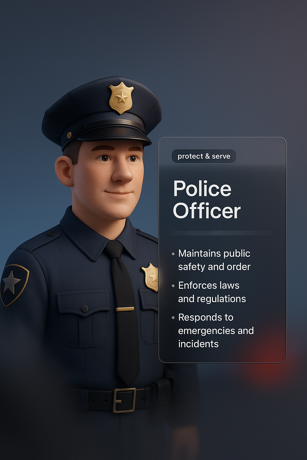 3D Police Officer Illustration with Informative Overlay