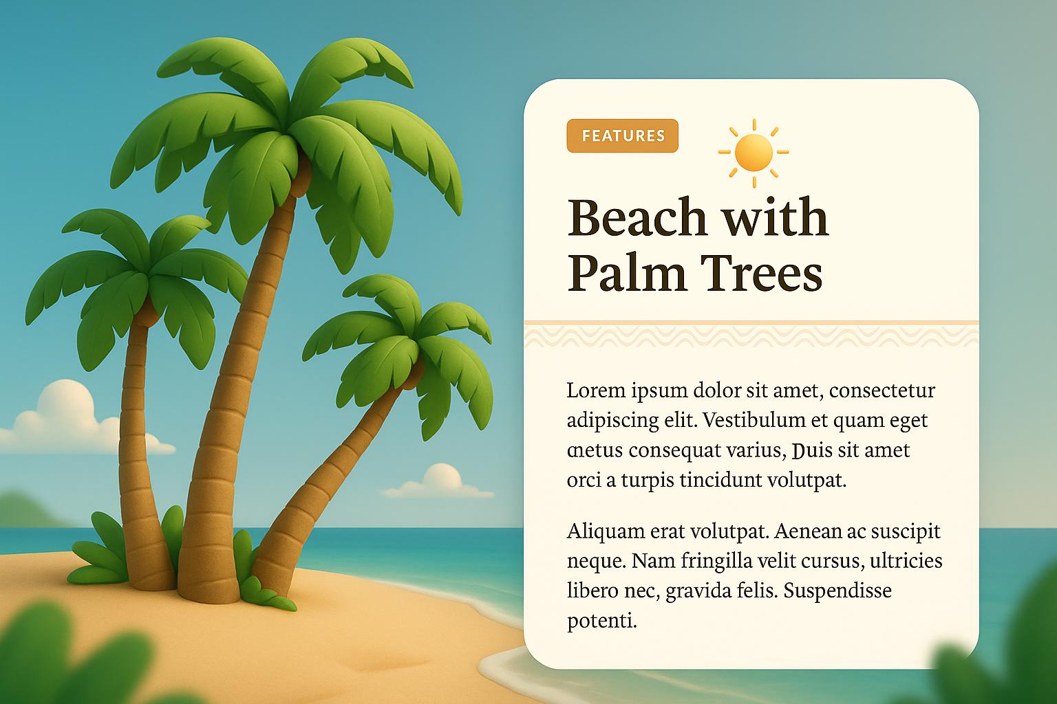 Serene Beach Scene with Palm Trees and Informative Block