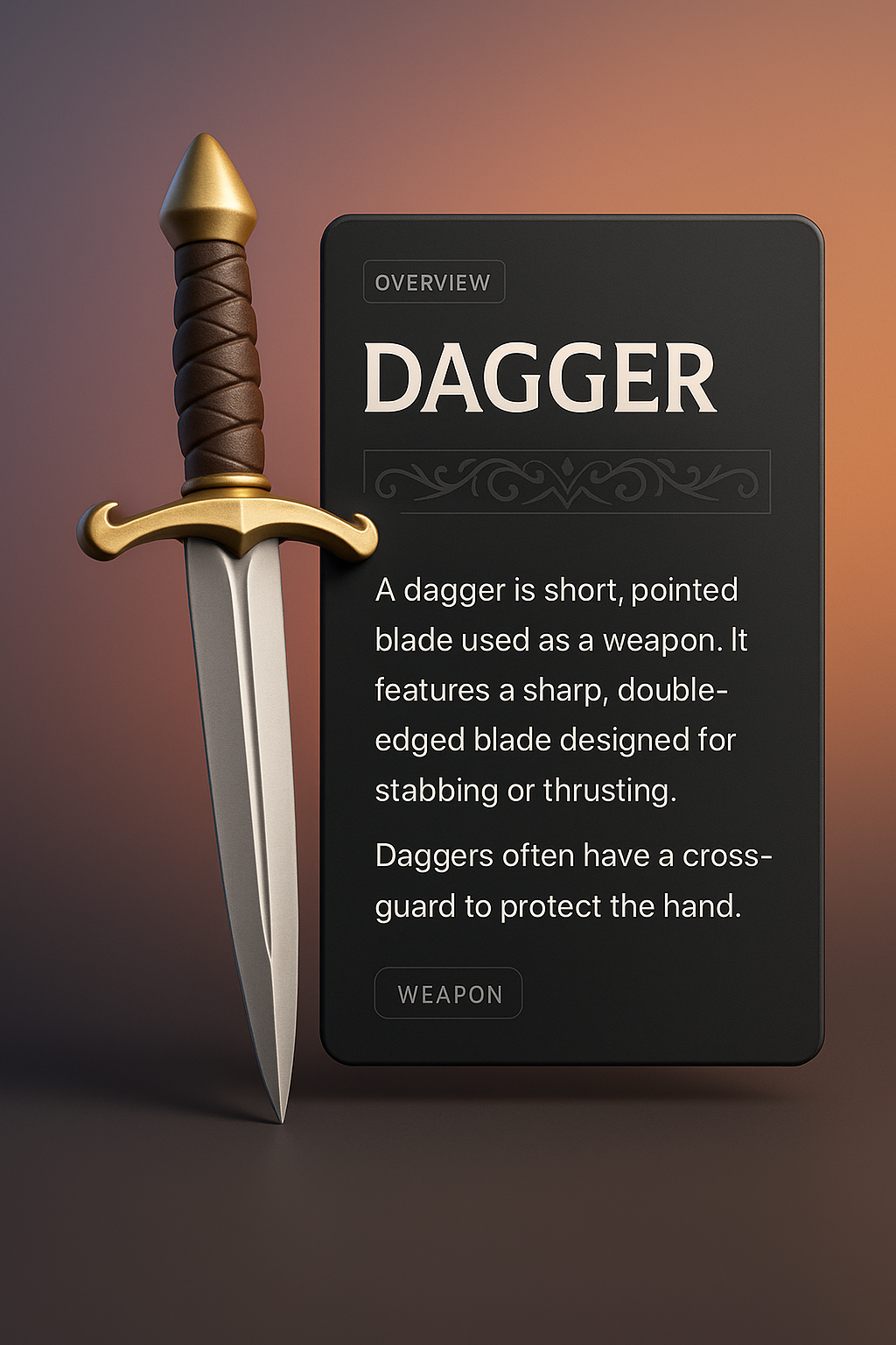 3D Dagger Illustration with Integrated Design Elements