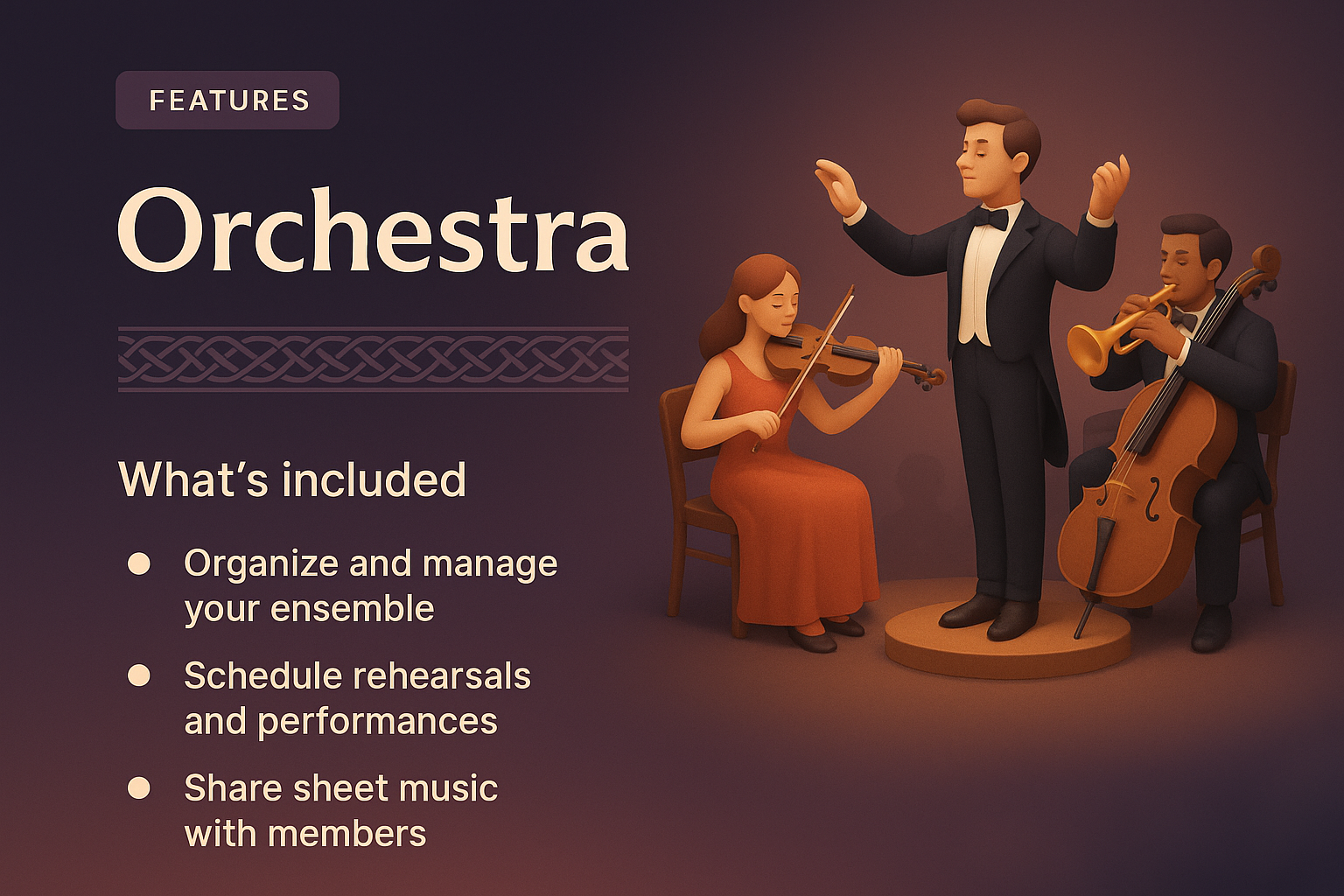 3D Orchestra Illustration with Features Description