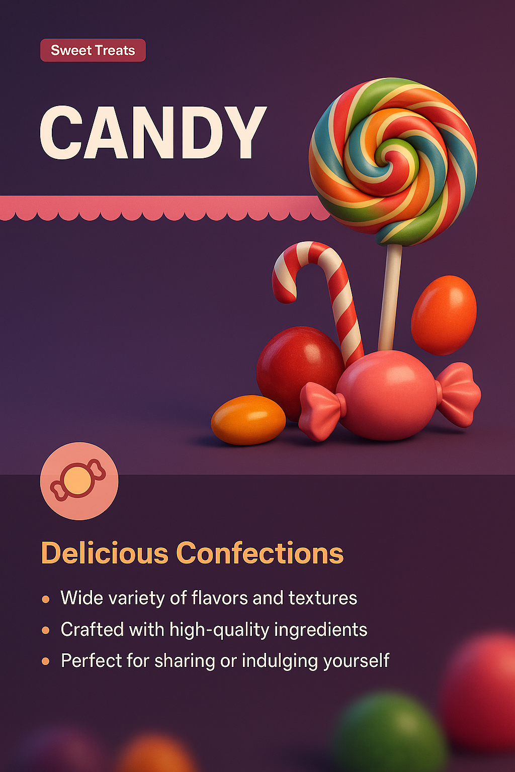 Colorful 3D Candy Design for Sweet Treats Landing Page