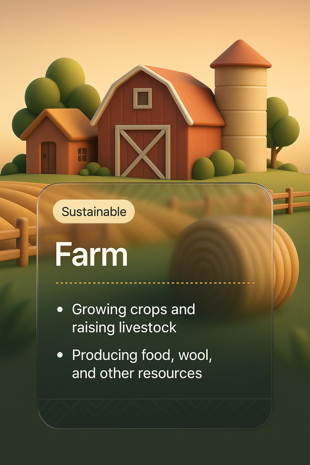 3D Illustration of a Sustainable Farm with Informative Overlay