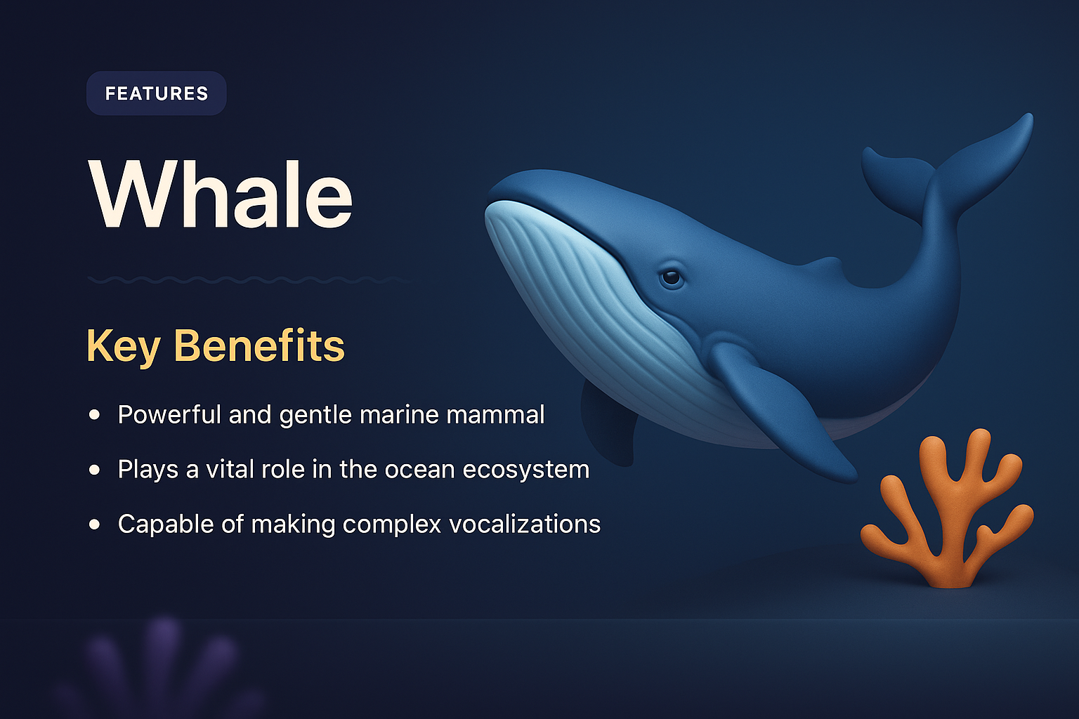 3D Illustration of a Whale with Key Benefits Highlighted