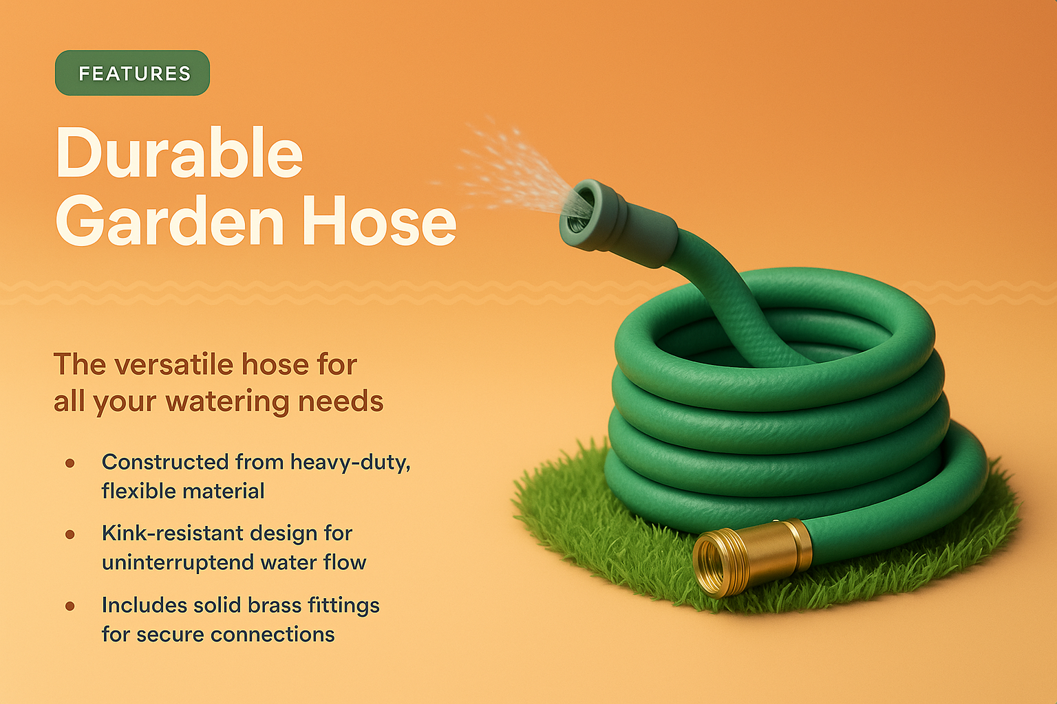 3D Illustration of Durable Garden Hose with Features Description