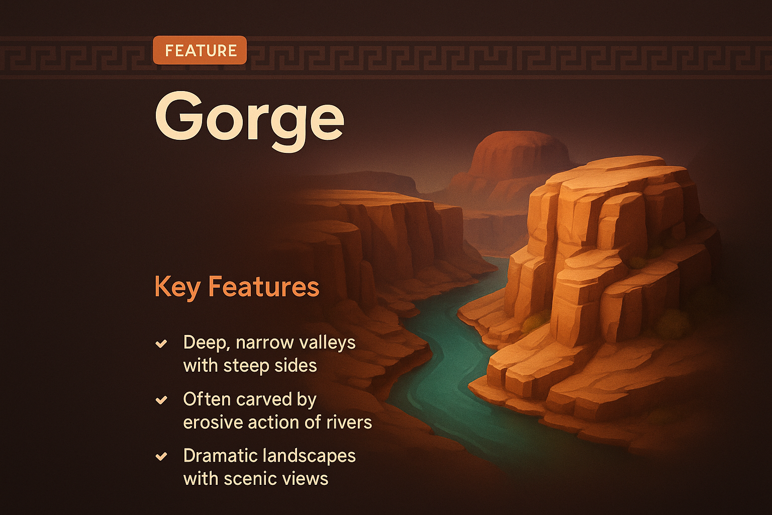 3D Illustration of a Gorge with Key Features Highlighted