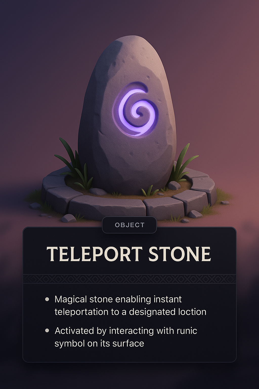 3D Illustration of a Magical Teleport Stone with Runic Symbol