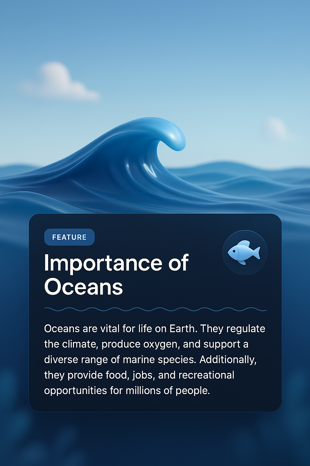 Ocean-Themed Web Design Scene with Features Description