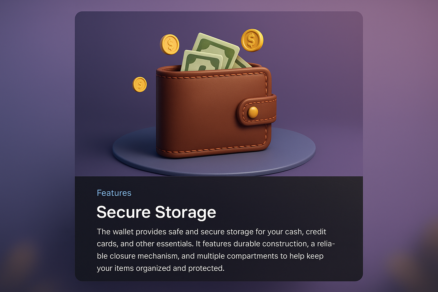 3D Wallet Illustration with Features Description