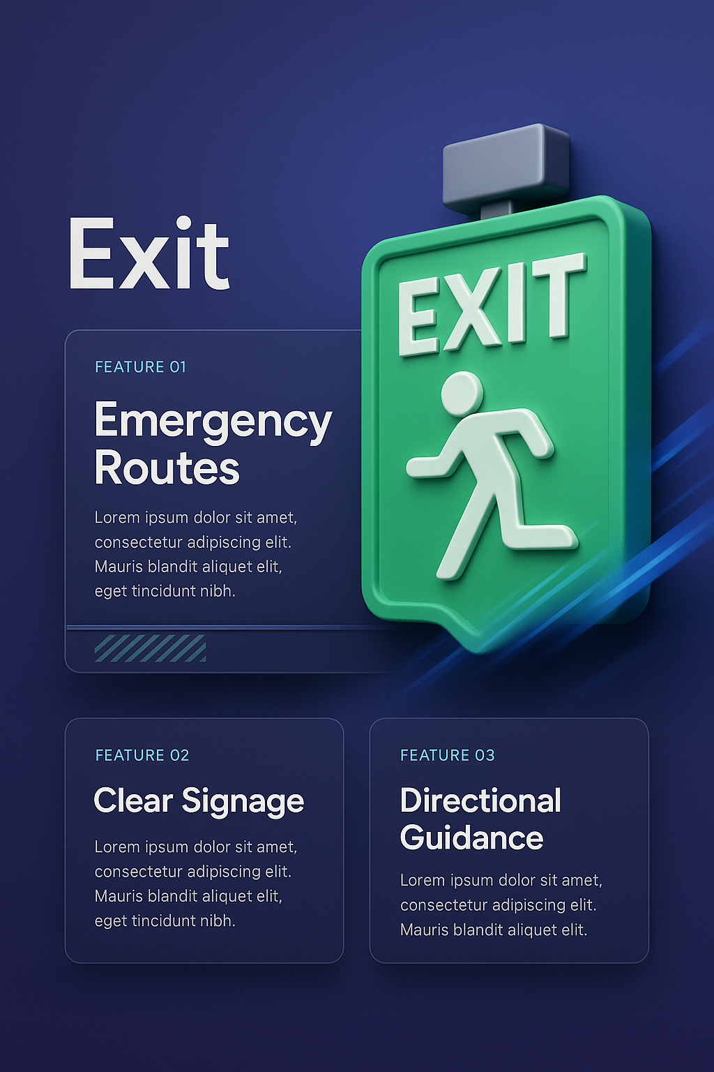3D Illustration of an Exit Sign with Features Overview