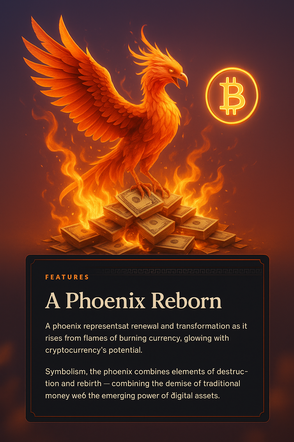 Phoenix Reborn from Burning Money with Crypto Symbol