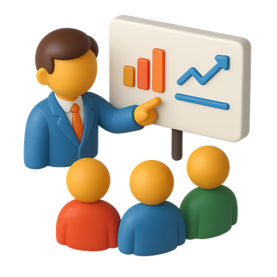 3D Icon of Presenter Explaining Data to Audience