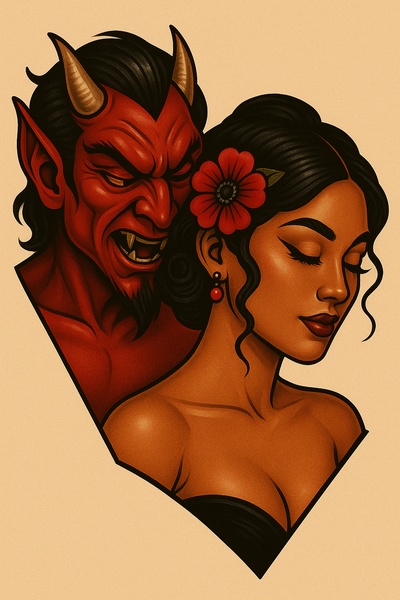 Elegant Tattoo Style of a Girl with a Demon Whispering