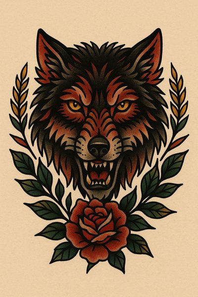 Vivid Wolf Head Tattoo Illustration with Floral Elements