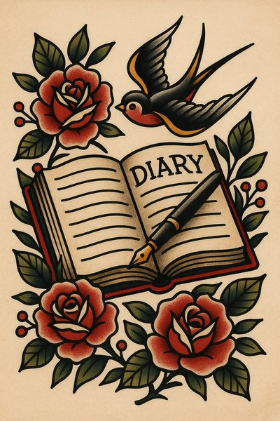 Tattoo-style illustration of a diary and swallow with roses
