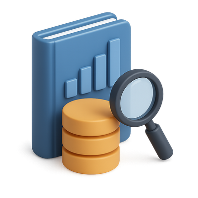 3D Icon Representing Data Mining with Books and Magnifying Glass