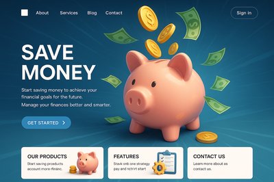 Dynamic Landing Page Design Featuring 3D Piggy Bank