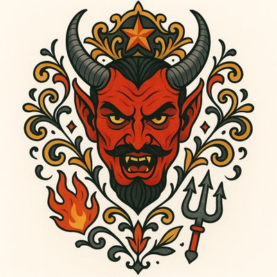 Bold Illustrative Design of a Devilish Character with Ornate Details