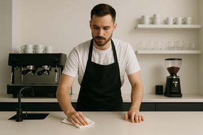 Barista Cleaning a Stylish Counter in Minimalist Cafe